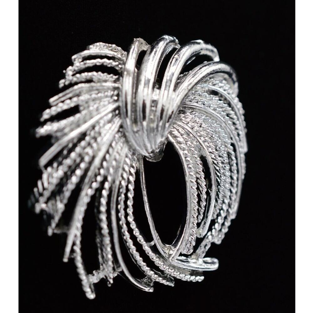 Vintage Floral Bow Pin Brooch Silver Textured Fringed Chunky NOS 1980s BinAC
